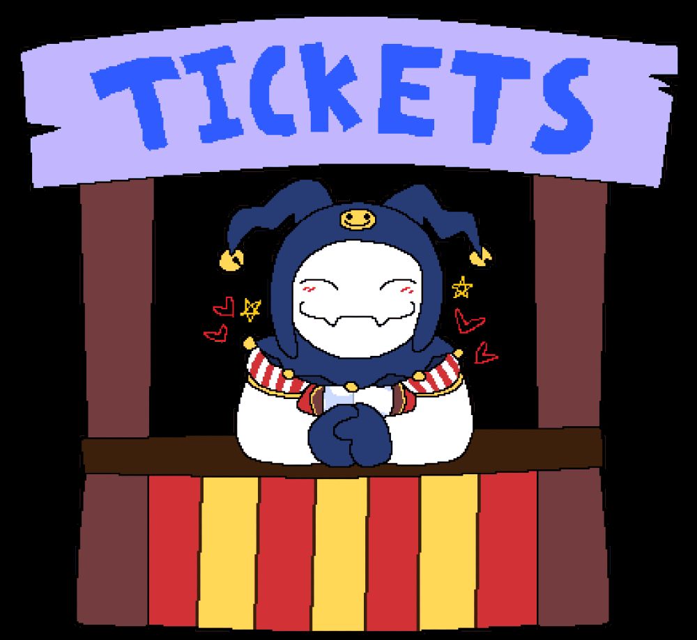 A picture of Jack Frost in a circus themed outfit, sitting and smiling behind a ticket booth. He is eager to sell tickets to his circus performance. 