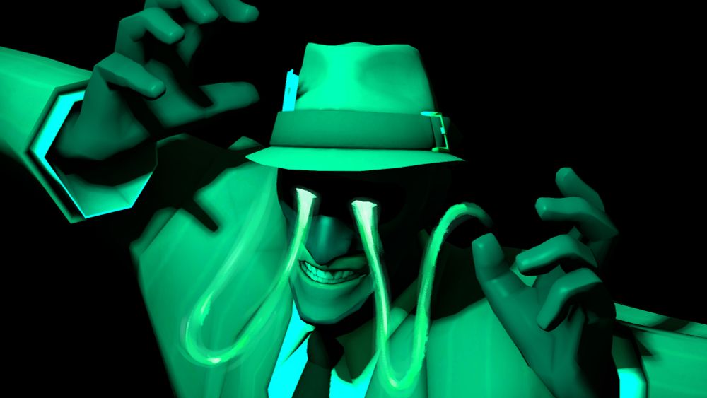 A headshot of the distressed HintShot Spy (just Spy with a hat) illuminated by a bright ghostly green. He grimaces in pain as light streams out of his eyes like tears, before floating back up in a trail over his shoulders.
