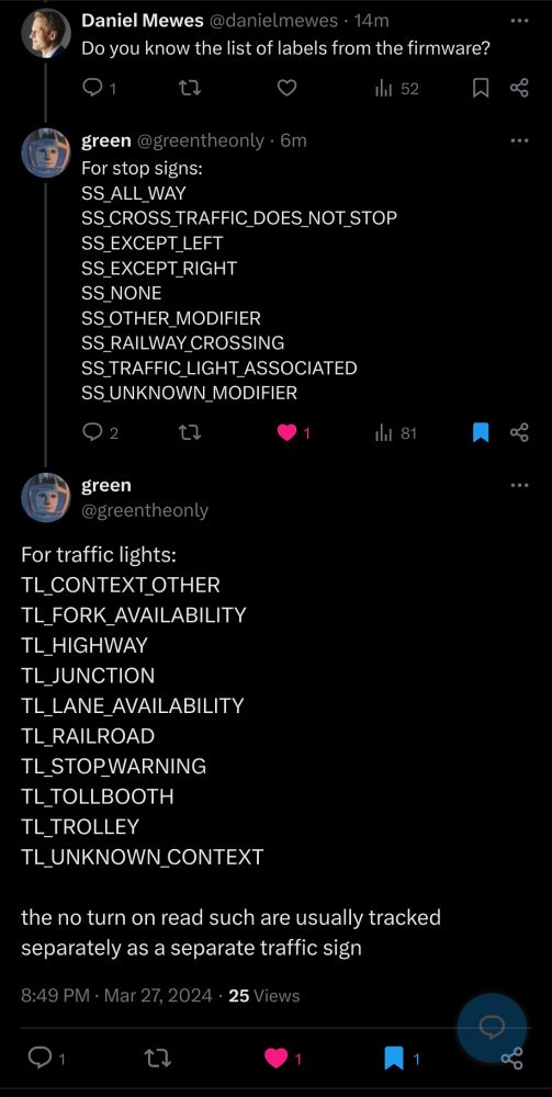 Tweets listing attribute labels for stop signs and traffic lights in Tesla firmware.