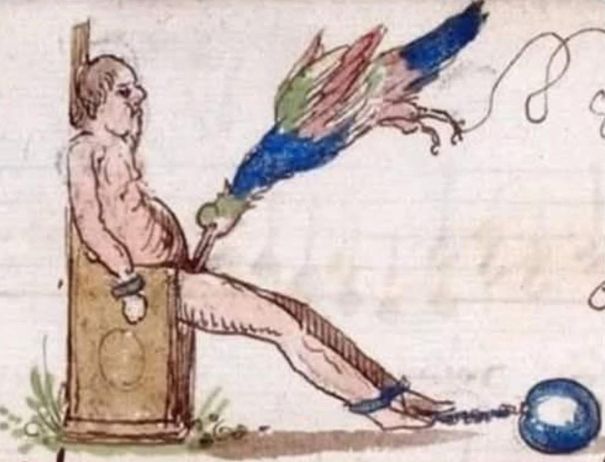 medieval (?) illustration from a manuscript, forming the letter K. A naked man is bound to a chair and restrained with a ball and chain and a big colourful bird is chewing on his genitals. Or sucking him off! Or maybe just having a sniff. It's hard to tell exactly. Anyway this is what I do when I read emails