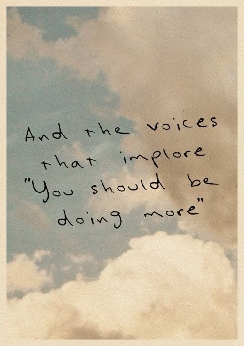 A blue sky with fluffy clouds. There’s text overlaying the image that says “And the voice that implore, you should be doing more”