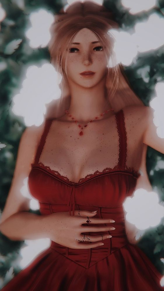 a screenshot of a female midlander with light brown hair and freckled skin wearing a rich red dress with matching jewellery. she is laying in a field of glowing white flowers.