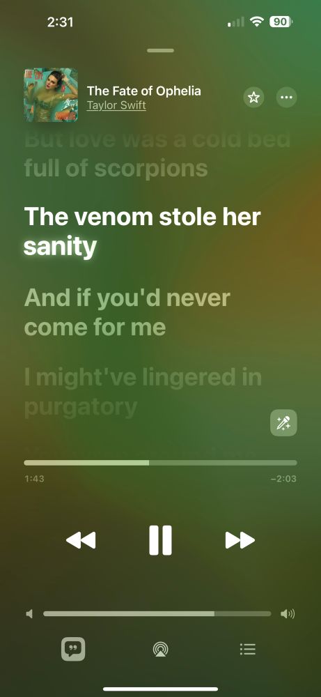 Screenshot from Apple Music playing the Taylor Swift song The Fate of Ophelia at 1:43 minutes 