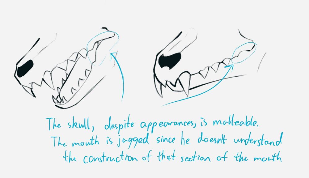 "The skull, despite appearances, is malleable. The mouth is jagged since he doesn't understand the construction of that section of the mouth."