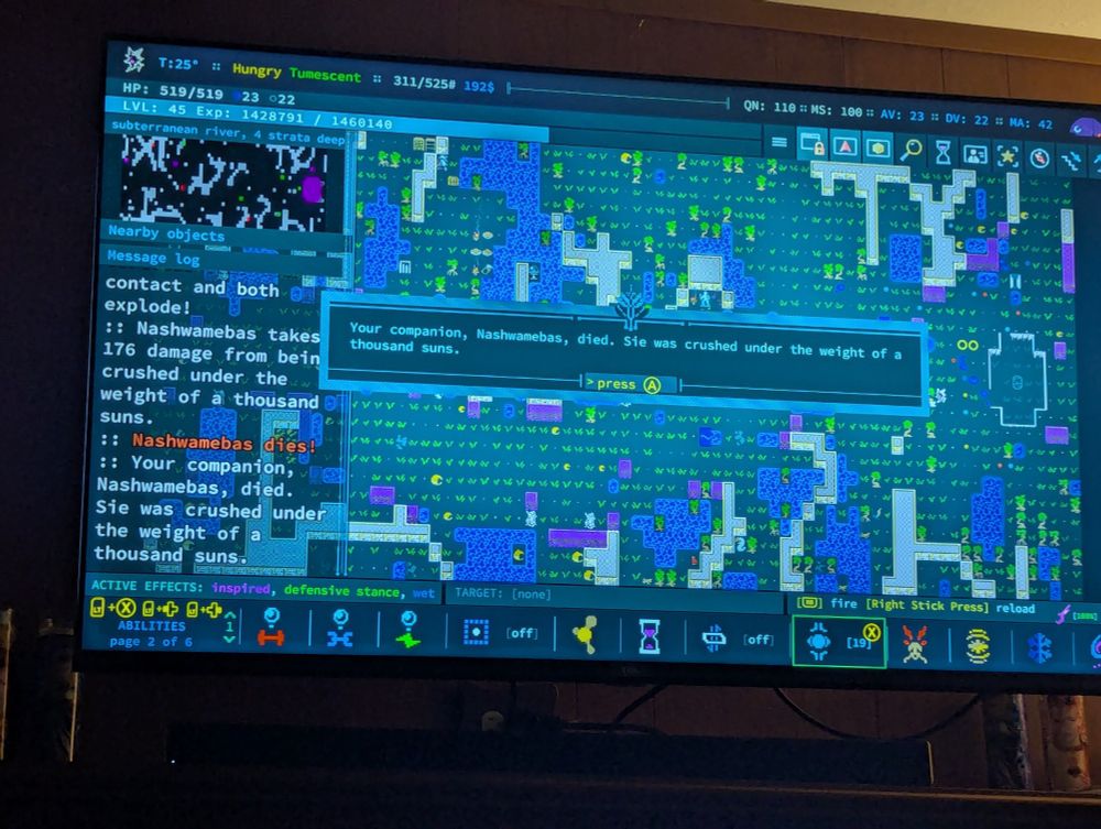 Another photo of a Caves of Qud session. The main UI pop-up reads, "Your companion, Nashwamebas, died. Sie was crushed under the weight of a thousand suns." The mini-map label reads "subterranean river, 4 strata deep.