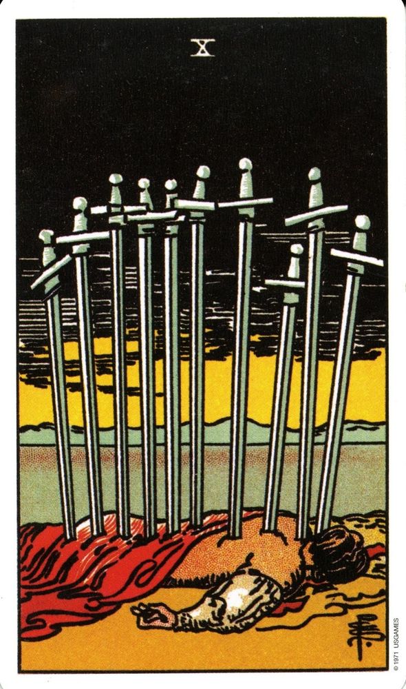 The X of Swords card from the Rider-Waite tarot set. It depicts a person lying face-down, with 10 swords protruding upright from their back. A new dawn appears on the horizon.