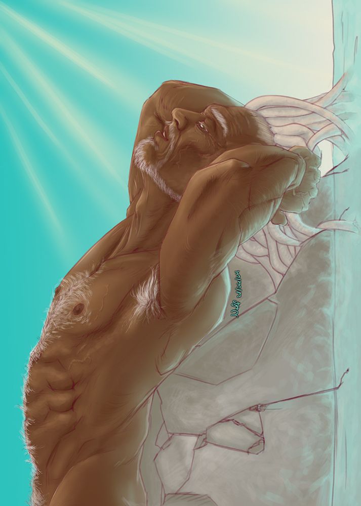 A naked old an in great shape arching back over a rock, his dreads falling into the water. He is seductively looking at the camera. The picture is rotated so that he looks like he's standing. 