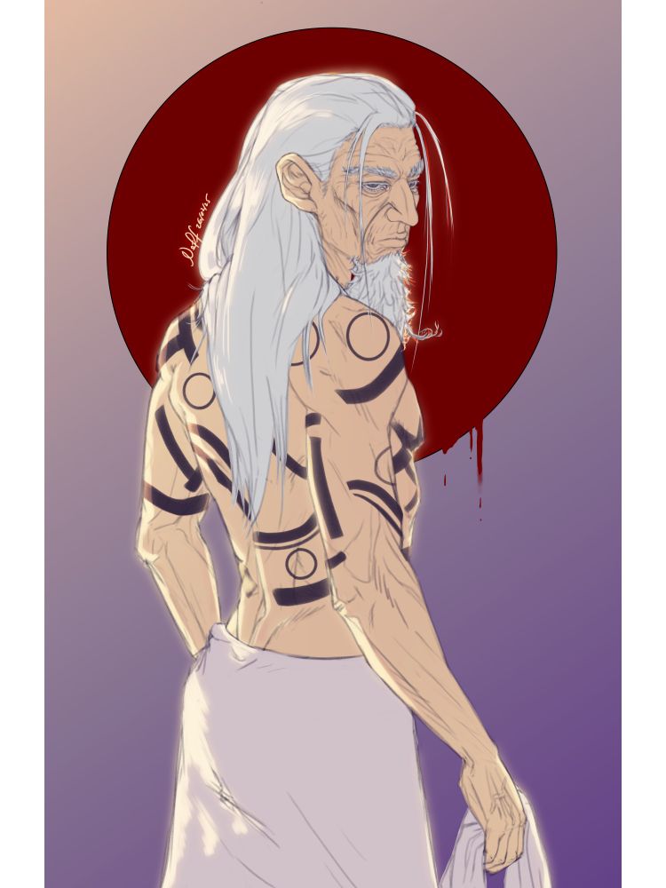 A digital sketch of the character Hijikata Toshizo from the manga and anime Golden Kamuy, against a gradient background of peach and lavender, with a bleeding red circle behind his head and torso. Hijikata has a towel wrapped around his waist, and is holding a smaller towel in his right hand. 