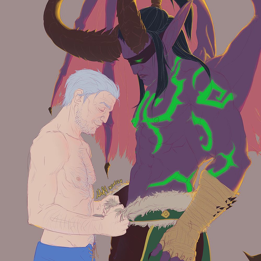 A coloured sketch of the characters Khadgar and Illidan Stormrage from the MMO World of Warcraft. Khadgar is undoing Illidan's belt, looking mischievous, while Illidan looks at him a little taken aback.
