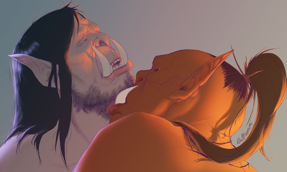 Young Gul'dan and Ner'zhul from the game World of Warcraft, against a warm-to-cool gradient background. Ner'zhul is licking Gul'dan's scruffy neck. 