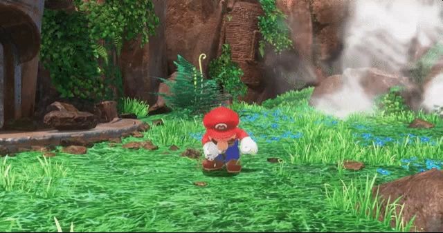 a video game character named mario is standing in a lush green field