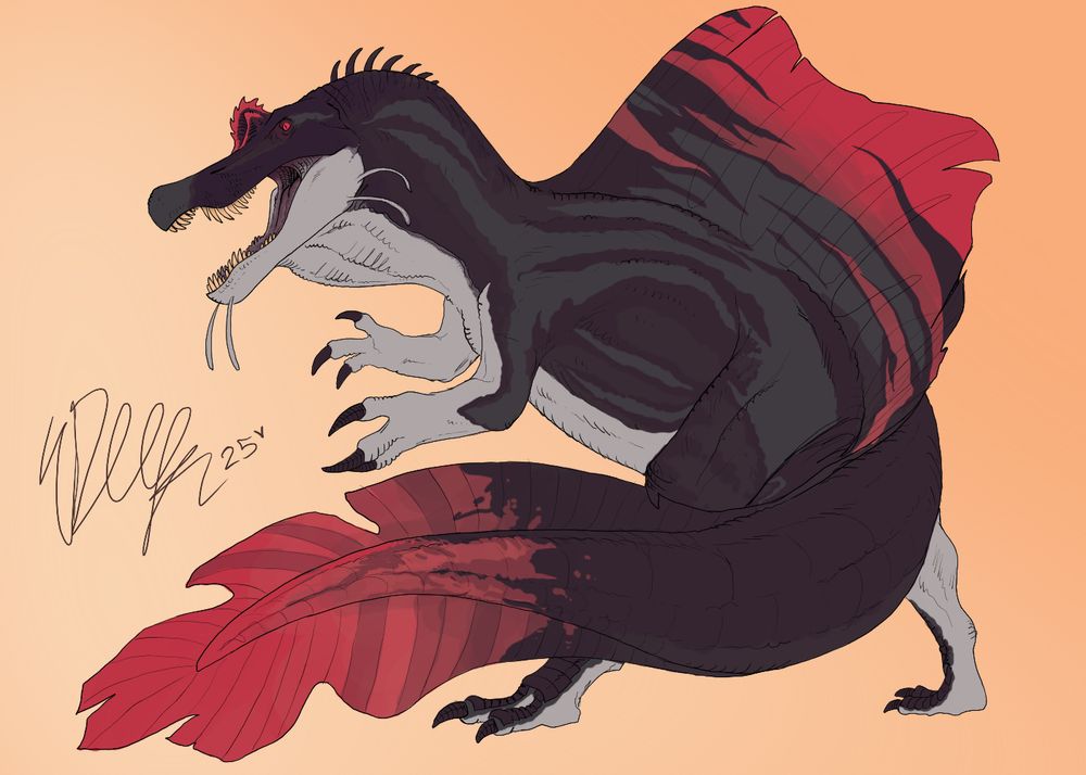 A large, gray theropod known as Spinosaurus posing triumphantly, patterned with a red fade on its large back sail and fish-like tail. The tail resembles an arapaima, and its face is decorated with 4 cat fish whiskers.