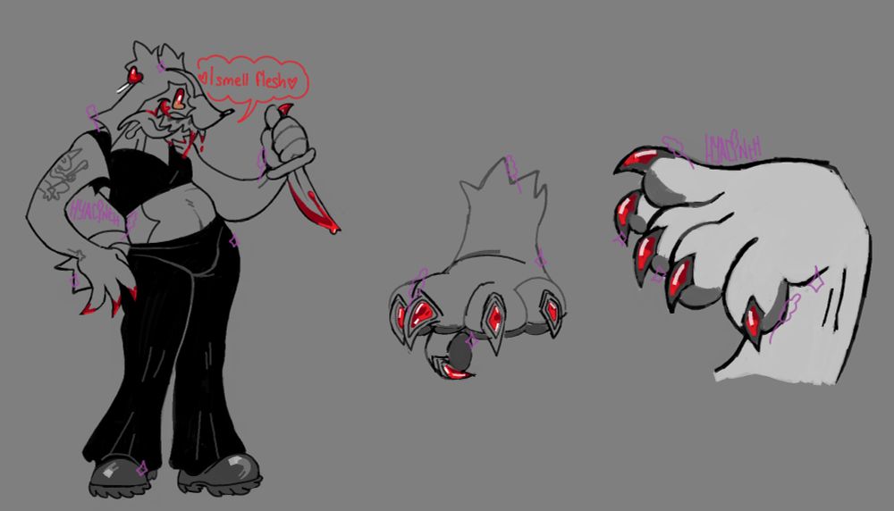 Galarian Linoone sona mild blood on fangs/face. holding up a knife with mild blood. ("i smell flesh")

what i imagine their paws would look like