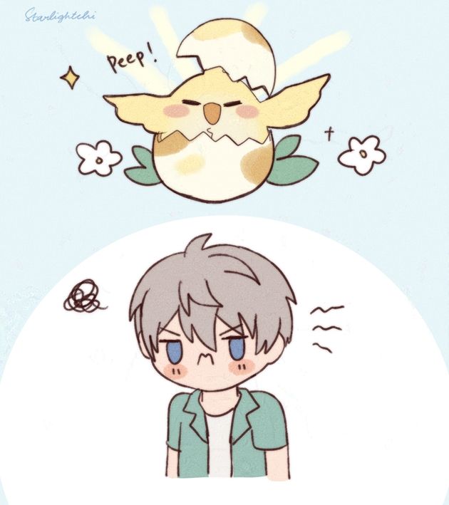 a Love and Deepspace 2 panel comic of a baby bird hatching right before they kiss and grumpy Xavier