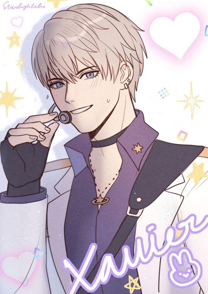 a colored sketch of Xavier looking at the camera while holding his ear mic in Idol AU