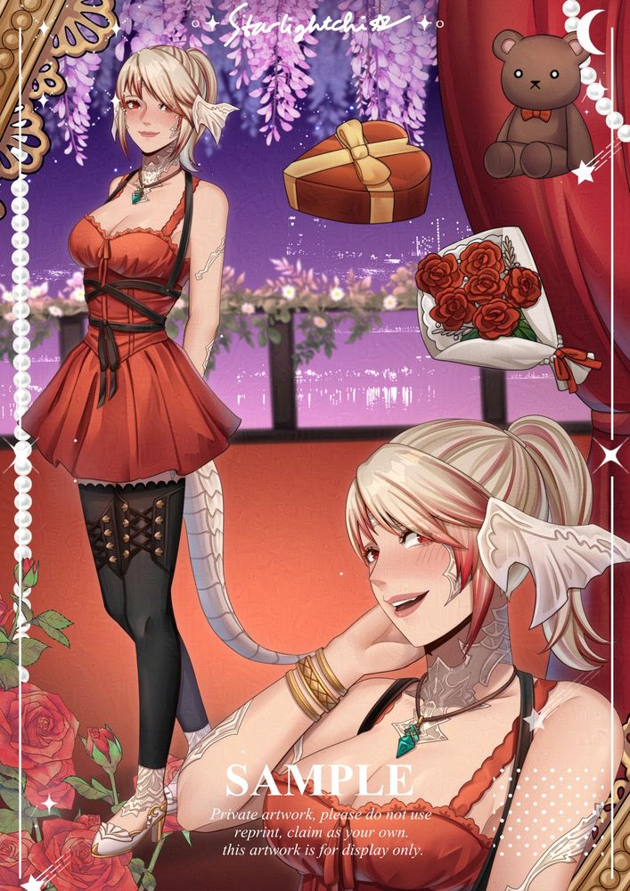 an art page commission themed around outfit of the day of an Au Ra with blond hair, and red eyes wearing a red dress and black stockings with purple-ish night sky as the background.