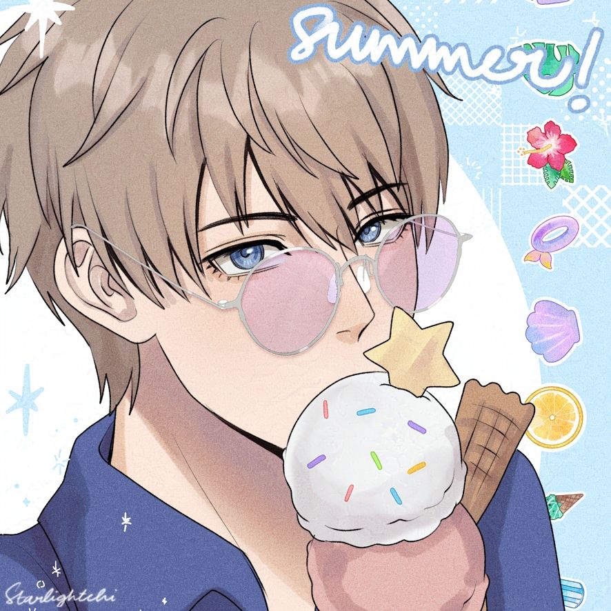 a close up of Xavier from love and deepspace wearing pink tinted sunglasses and eating ice cream