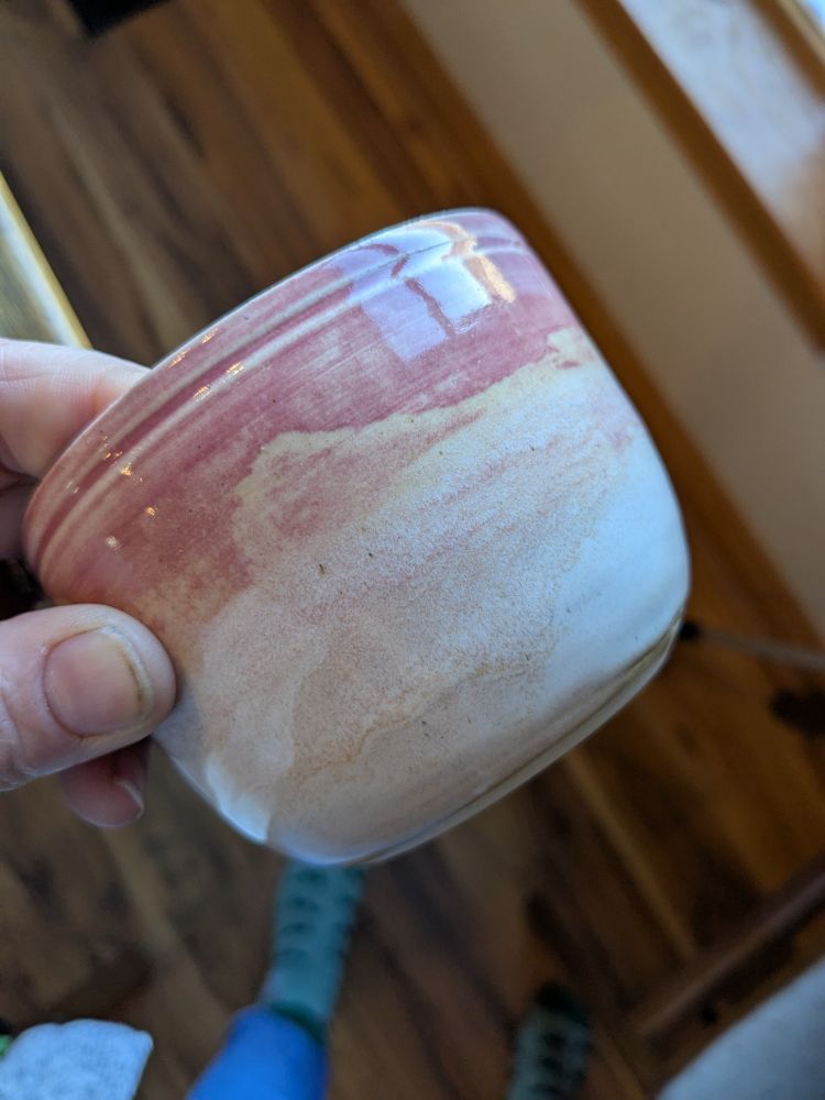 A small, deep pink and white bowl