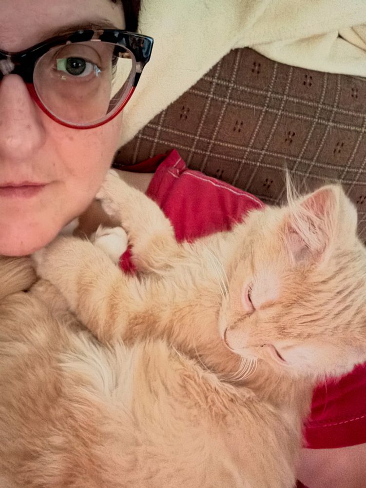 Part of the face of a fat white woman in glasses holding a fluffy ginger cat on her shoulder. 