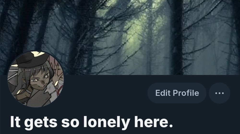 A Bluesky account with the display name "It gets so lonely here." The icon is a witch with long black hair. Half of her face is slightly lighter-colored, resembling the upper half of a skull. The banner is a forest in the dark.