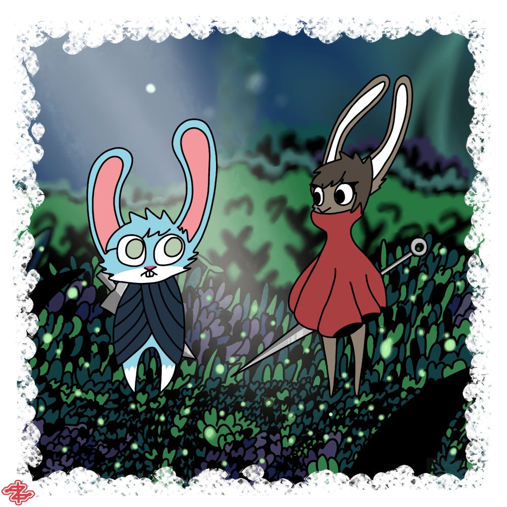 Raytail the Bunny as the titular knight from Hollow Knight standing in a reconstructed background via drawing next to Zelda Bunny as Hornet, they are looking at each other.