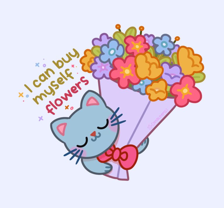 Cute illustration of a blue cat holding a bouquet of flowers. There is text that reads “I can buy myself flowers” with sparkles surrounding it and the cat.