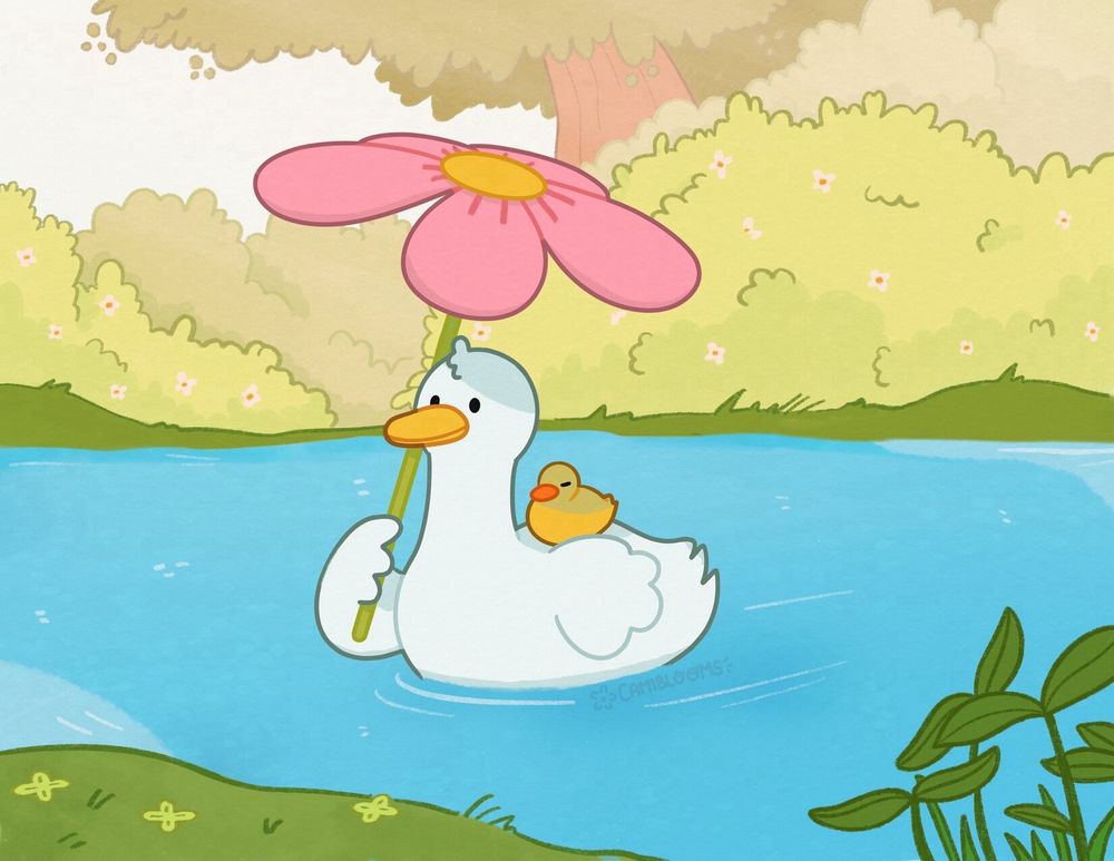 Illustration of a duck with a little duckling sleeping on top of its back. The duck is holding a flower umbrella to give the sleepy ducky some shade.