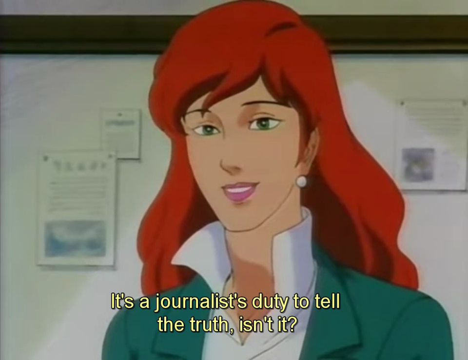 A still from an animation showing a red-headed woman in a green suit, with the subtitles dialogue “It’s a journalist’s duty to tell the truth, isn’t it?”