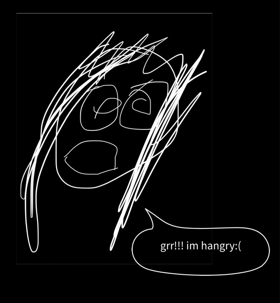 A very crude line drawing (mostly scribbles) of my head yelling “grr! Im hangry”
