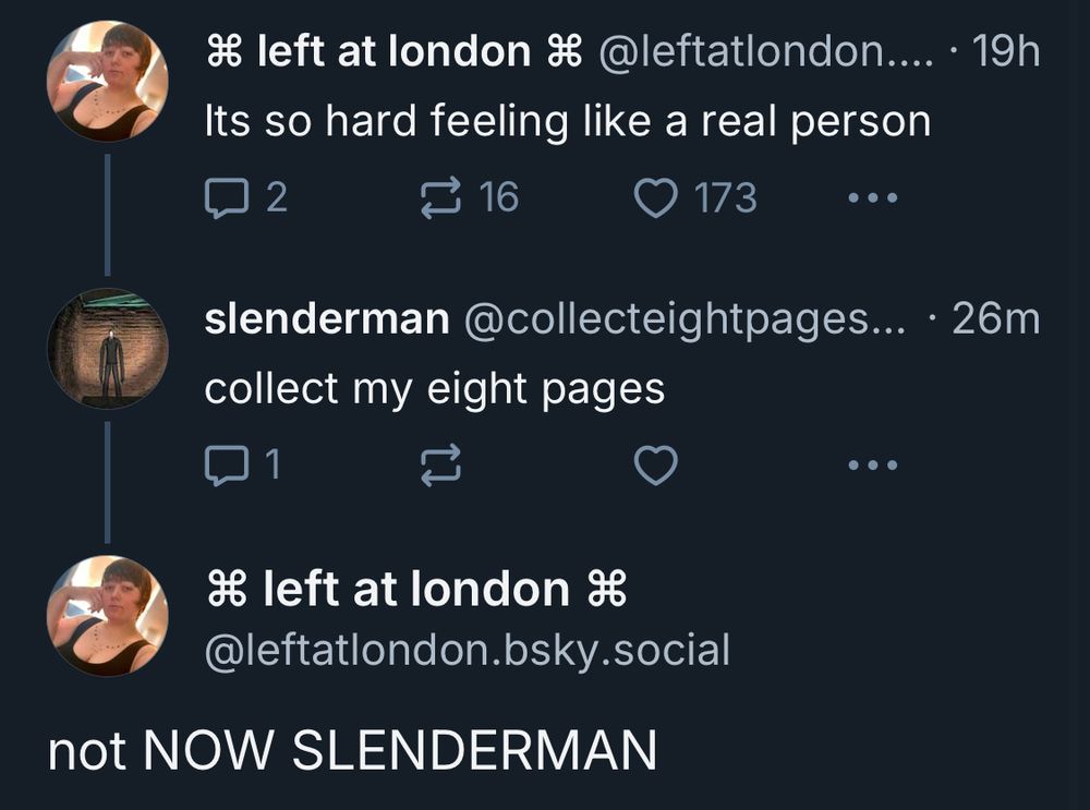 A post from me on bluesky: “its so hard feeling like a real person”
A reply from slenderman @collecteightpages: “collect my eight pages”
my reply to slenderman: “not NOW SLENDERMAN”