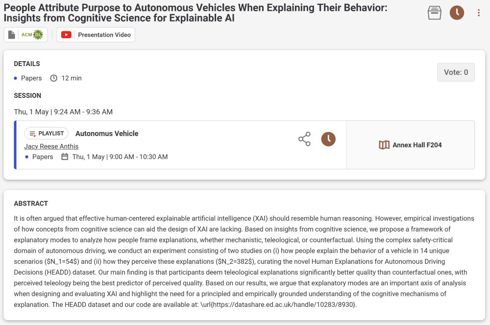 CHI program page for the paper "People Attribute Purpose to Autonomous Vehicles When Explaining Their Behavior: Insights from Cognitive Science for Explainable AI"