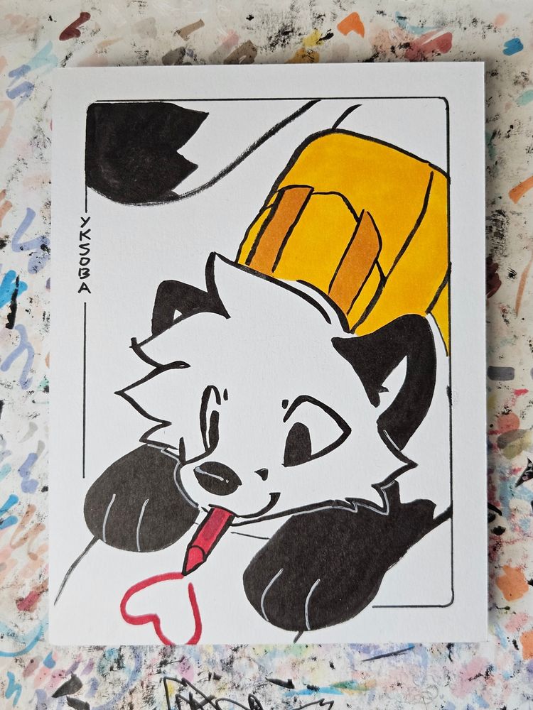 A fox wearing a backpack, drawing with a crayon. Ink & marker on paper.