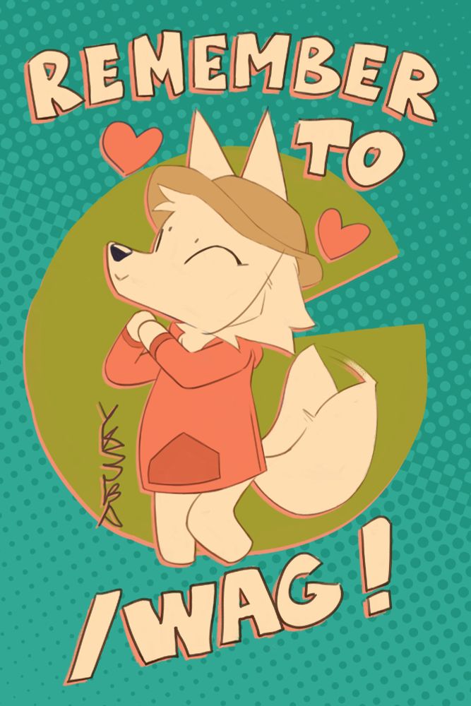 A drawing of a white dog in the style of the game "Webfishing". There is white text that reads "Remember to /wag!". The background is blue with a large lily pad in the middle.