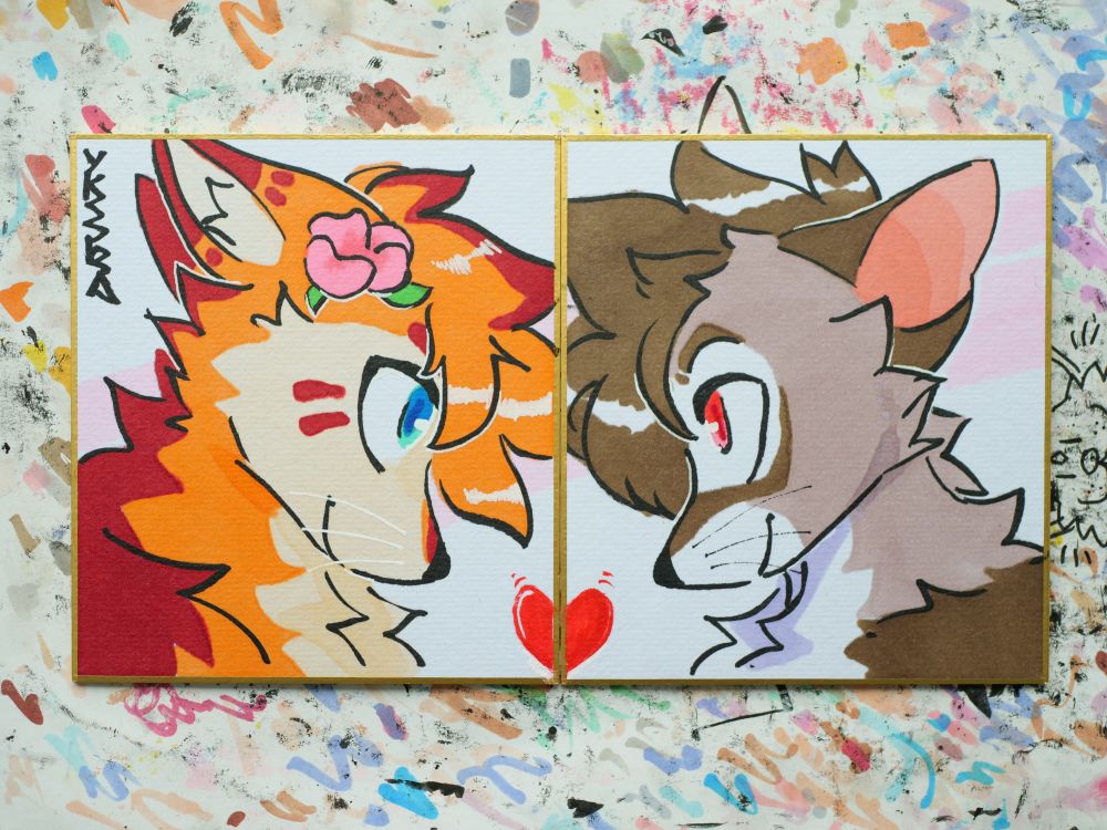 traditional drawing of two lil dudes staring lovingly into each other's eyes, on two separate boards