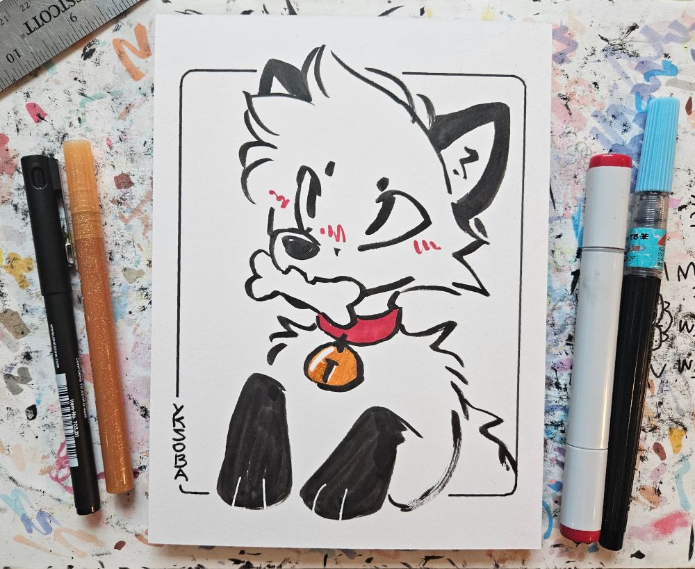 traditional art piece of a snow fox holding a bone in it's mouth 