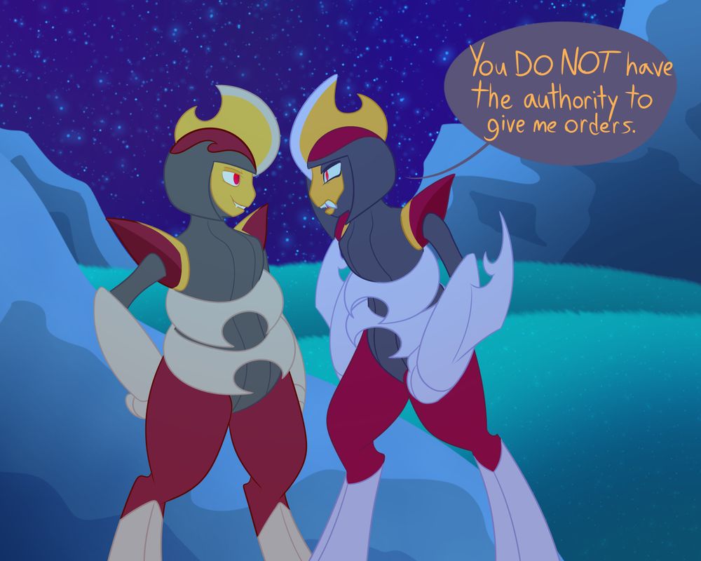 Two Bisharp, the one on the right is in the other's face angrily saying, "You DO NOT have the authority to give me orders." while the Bisharp he is yelling at is grinning smugly. There is a night time background showing grass and rocks.