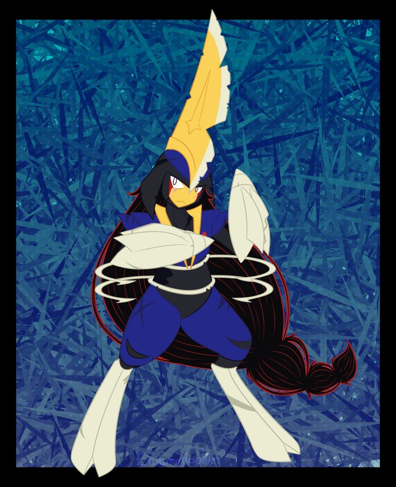 A shiny Kingambit, without the mustache typical in her species, stands in a battle pose.