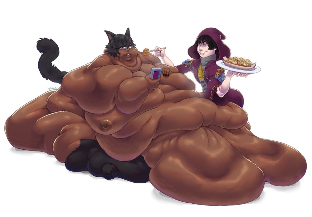 Miqo'te male eating item level 340 HQ Tako-yaki while looking at his tomestone. He is being fed by Fandaniel of Endwalker fame.