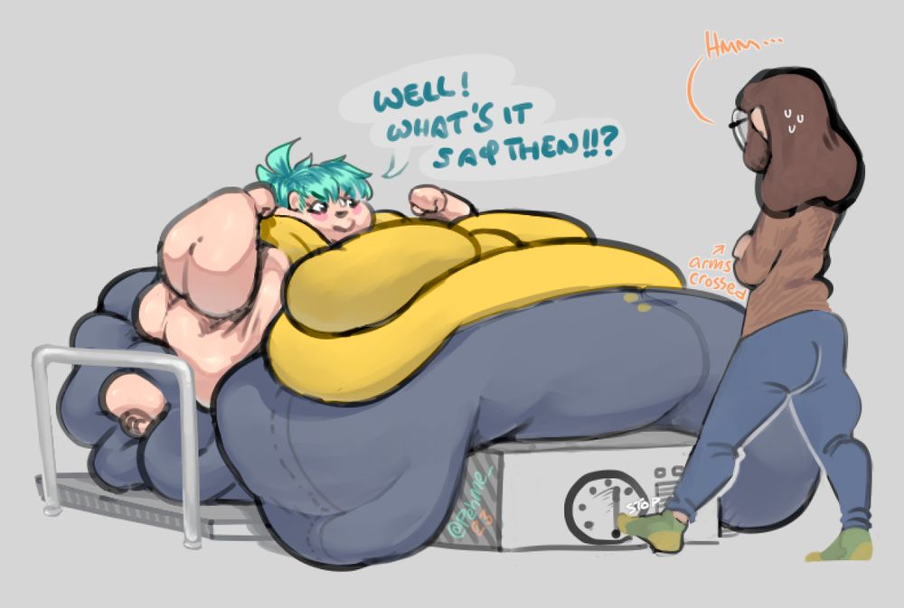 a very large lad on a scale with another skinnier lad holding his foot on the (analog) scale, holding the hand in place.