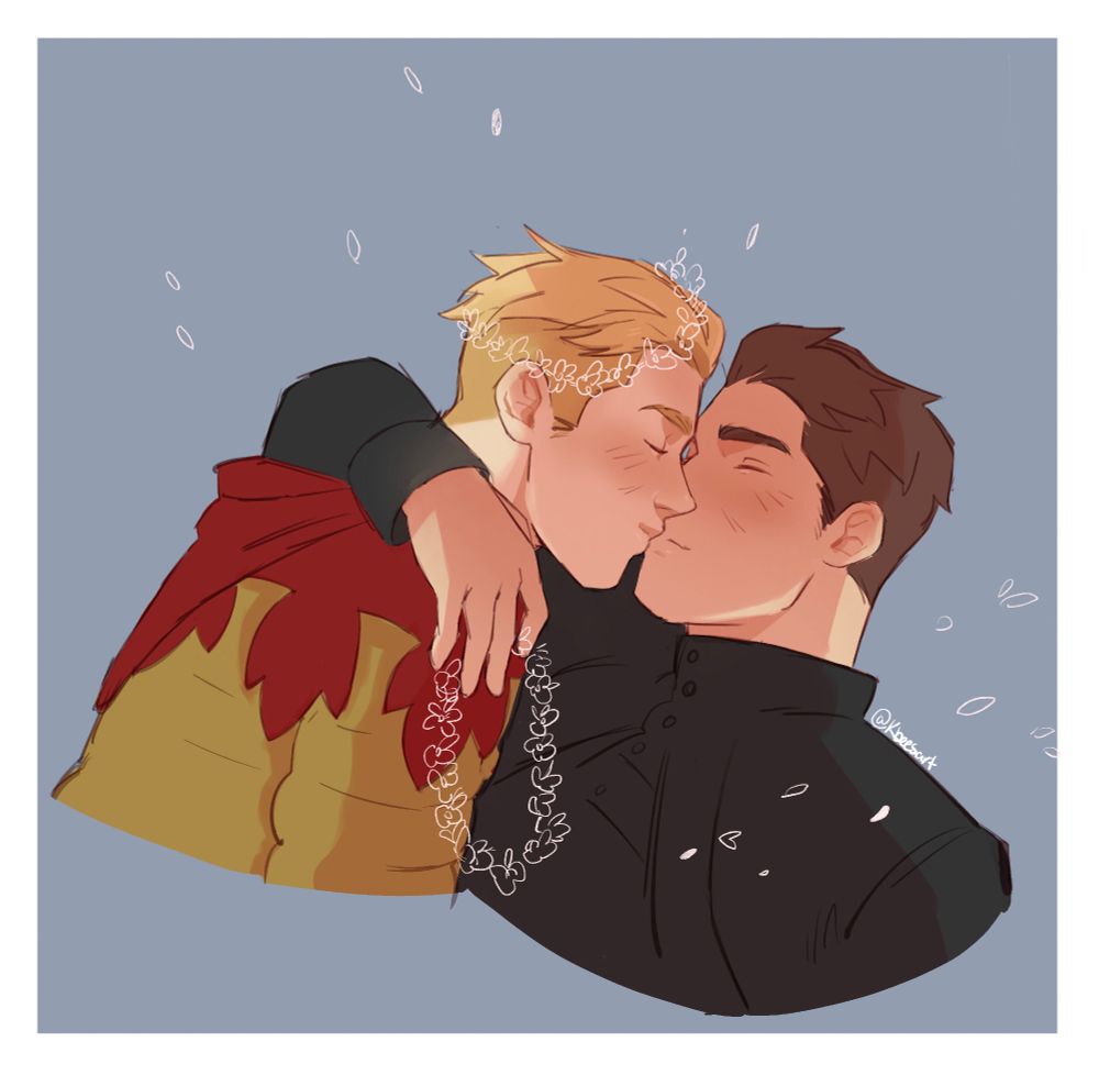 Hans leaning into Henry as they kiss. Henry has his arm around him to bring him in closer. Hans is also wearing a flower crown while Henry is just holding his casually. 