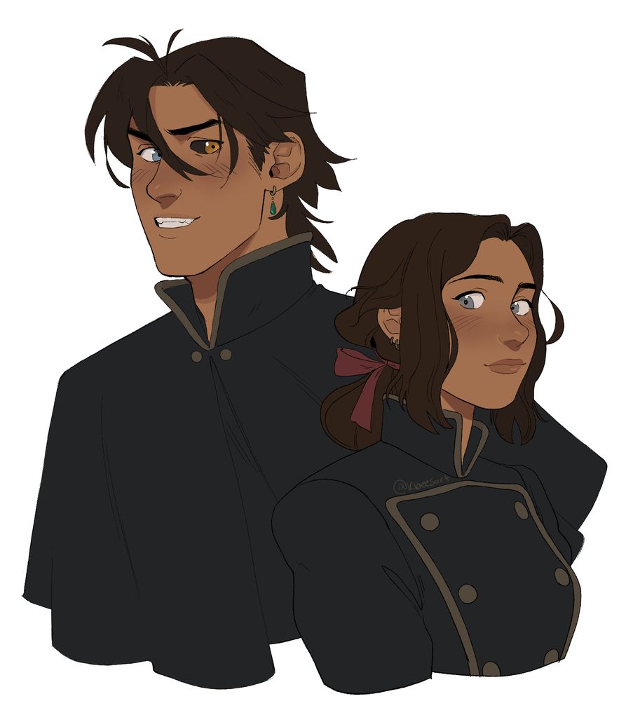 Oc's looking towards camera. One on the left has different colored eyes, one blue and the other gold and black. Oc on the right is more serene with blue eyes and dark hair that is being tied up in a red bow.