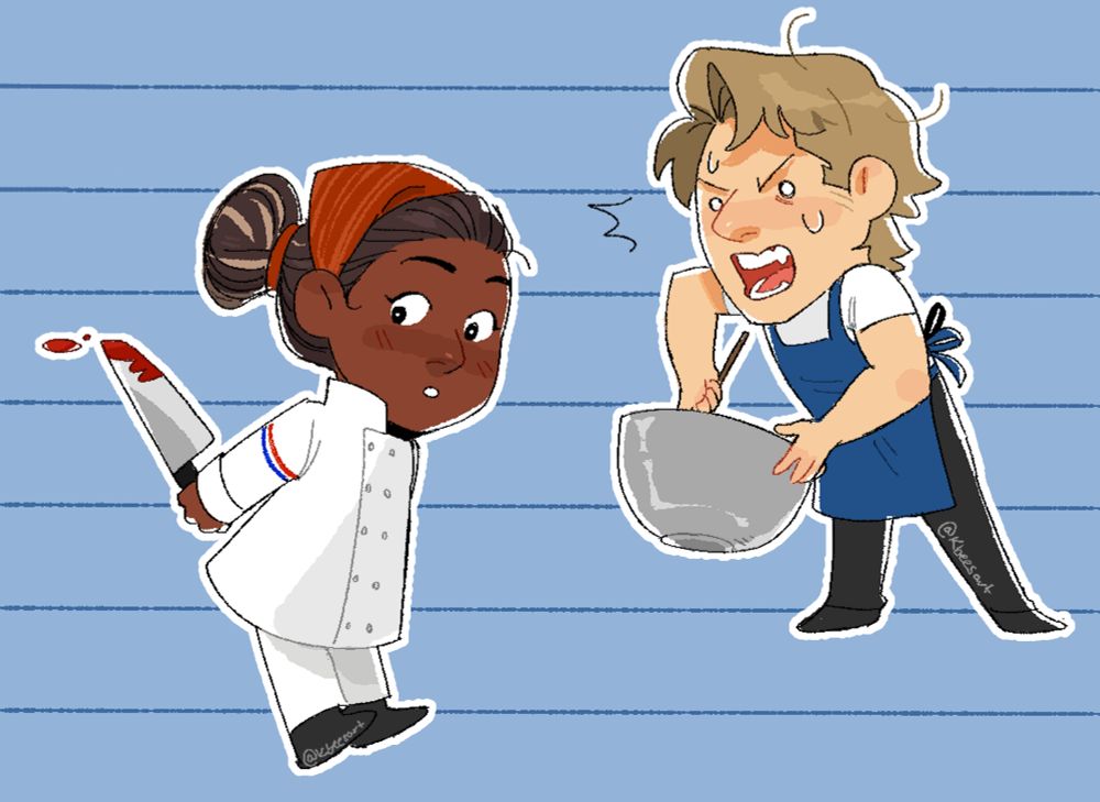 Sydney in a white uniform and looking to the side while she holds a slightly bloodied knife behind her back. On the right side, Carmy is yelling as he angrily whisks something inside a bowl. 