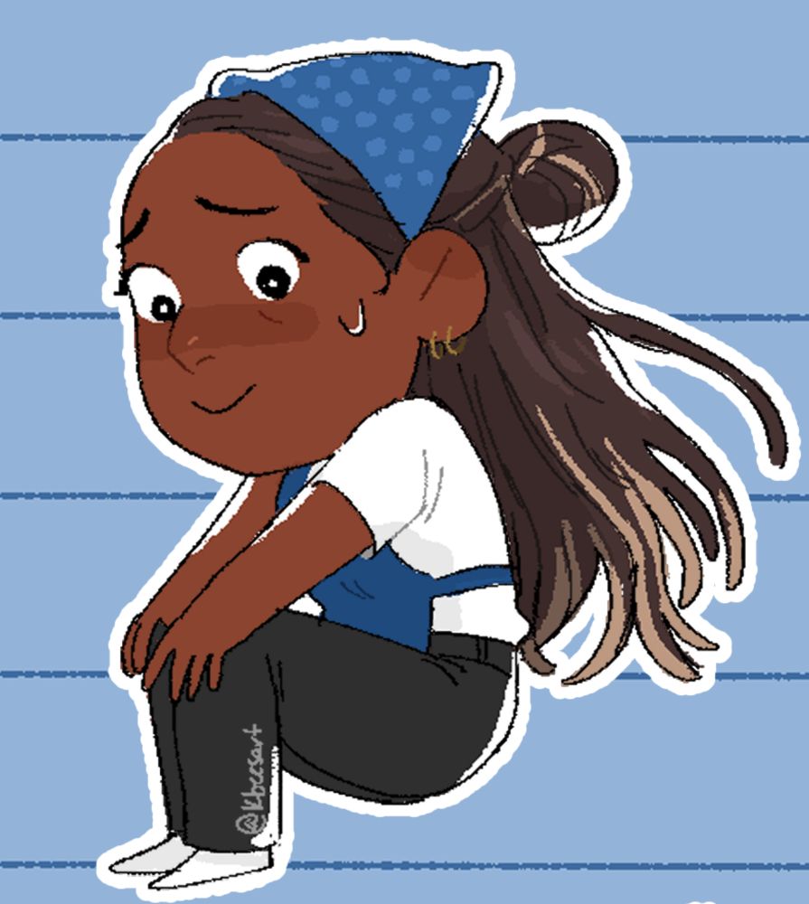 Sydney looking down nervously, wearing a blue apron on top of a white shirt and black pants.