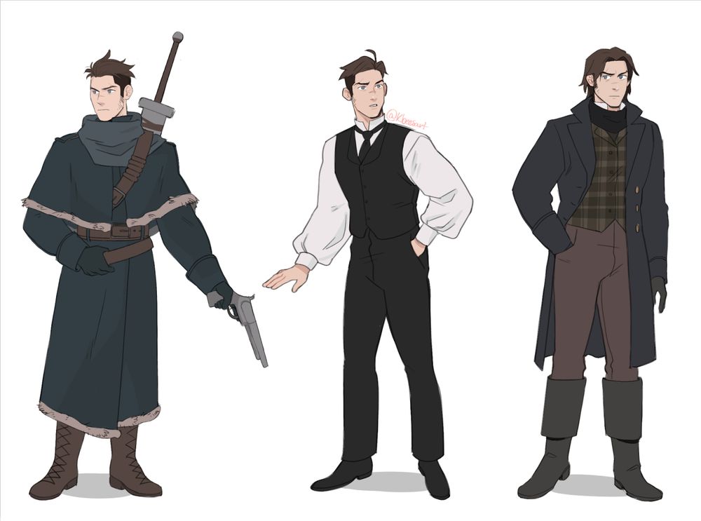oc standing in various outfits. From the left is a hunter's uniform idea with a sword on his back and a gun in his screen right hand. Middle is oc in a regular suit without the coat. On the right, more of a casual outfit of dark coat, brown pants, green plaid vest, and regular riding boots.