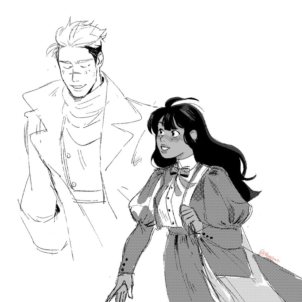 Oc sketch of couple walking together. Both of them smiling while they're in conversation.