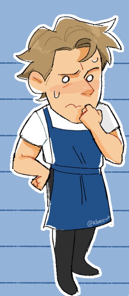 Carmy walking around stressed, also wearing a blue apron on top of a white shirt and black pants. 