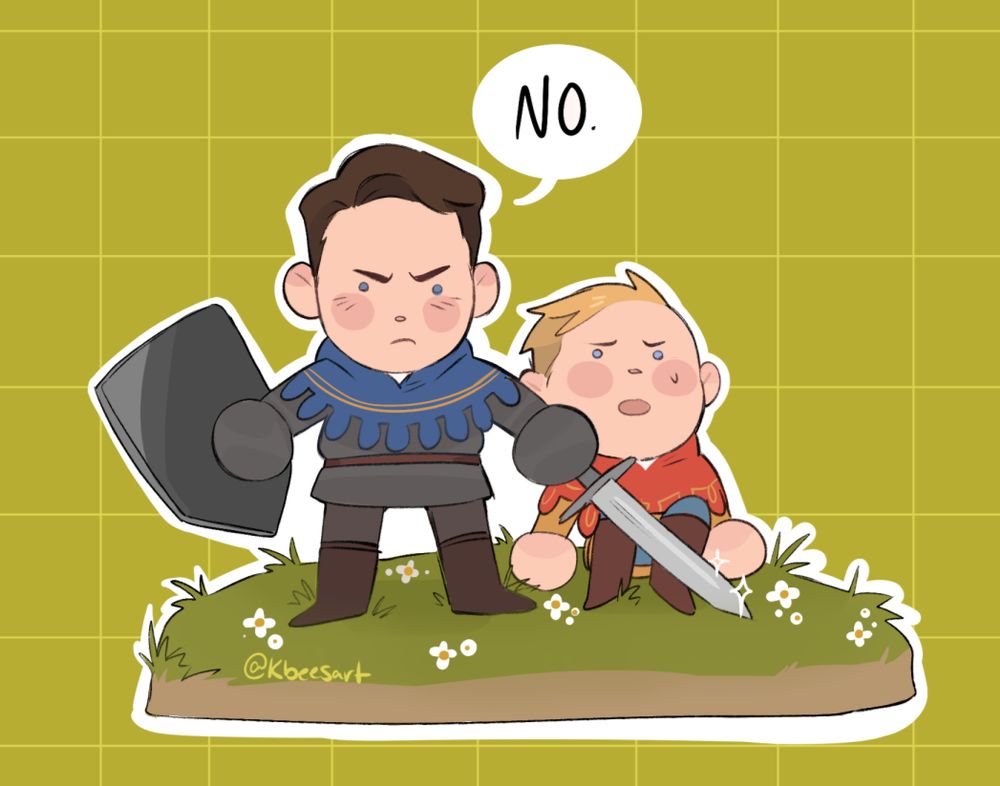 Henry standing in front of Hans with sword and shield saying "No" while Hans looks concerned. 