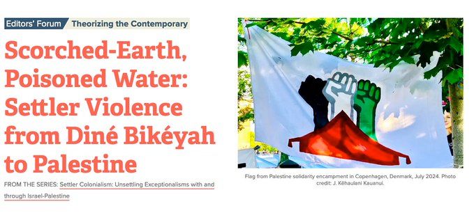 Screen shot of the post title in orange, "Scorched-Earth, Poisoned Water: Settler Violence from Diné Bikéyah to Palestine," and below is the series image, a flag from a Palestine solidarity encampment in Copenhagen, Denmark: a white flag, with three fists in black, white and green emerging from a red tent.