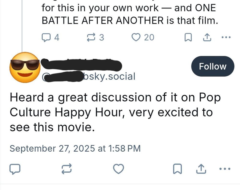 a reply to a tweet saying One Battle After Another id a rare true great. The replier says they heard a great discussion about it on Pop Culture Happy Hour.
