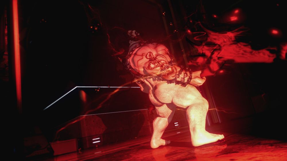 Rear/side view of a muscular, hairy roegadyn wearing almost nothing except his chain harness. #ak0XIV